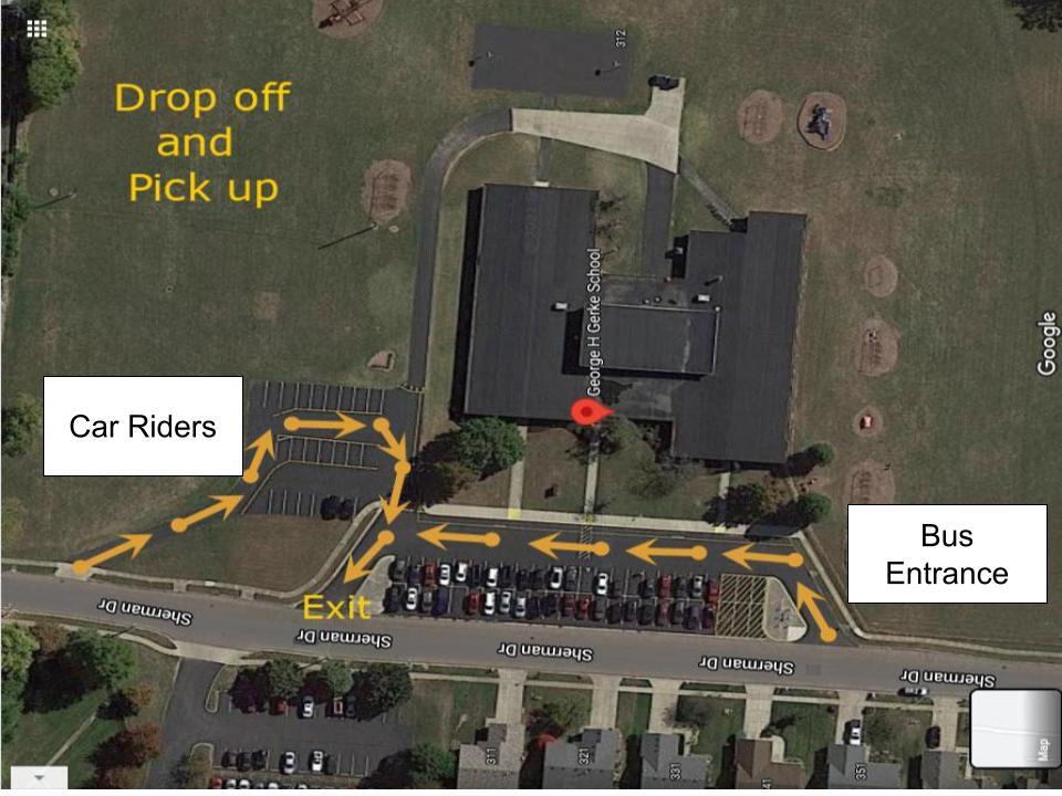 A map showing the drop off route for cars and buses at Gerke.